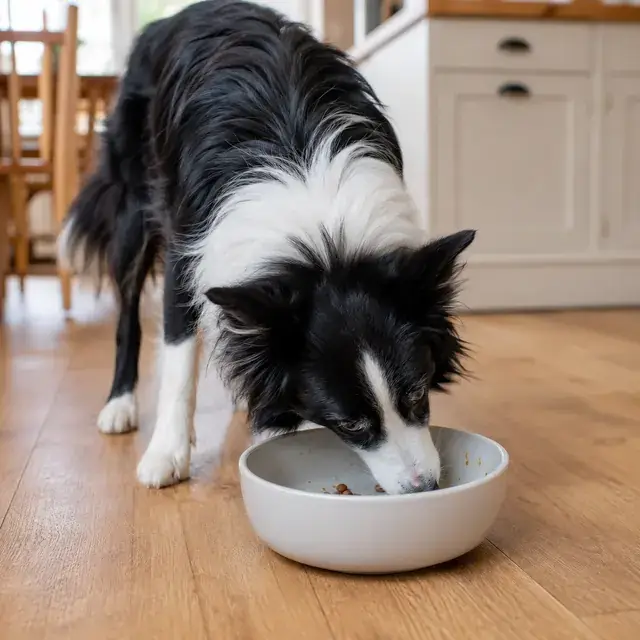 Dog eating from a bowl in a kitchen
