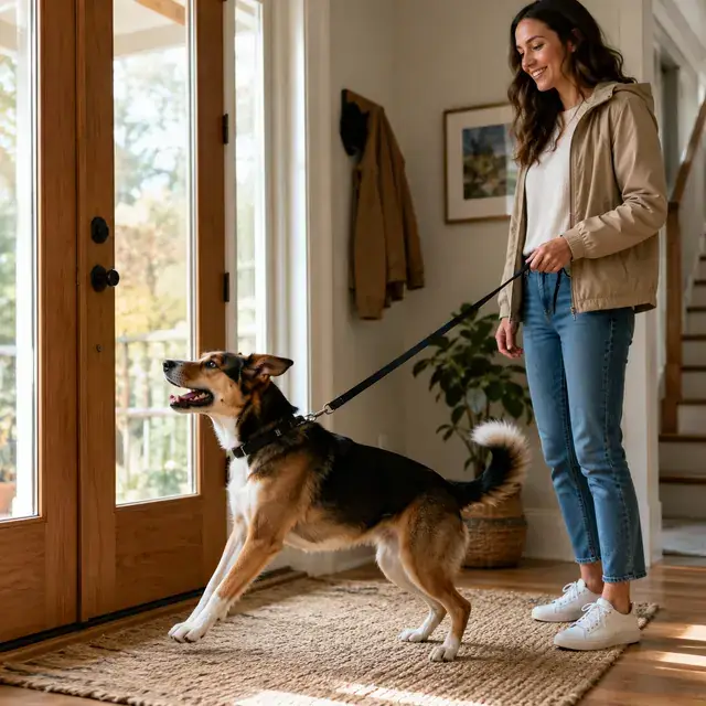 Dog waiting eagerly at the front door with its lead on