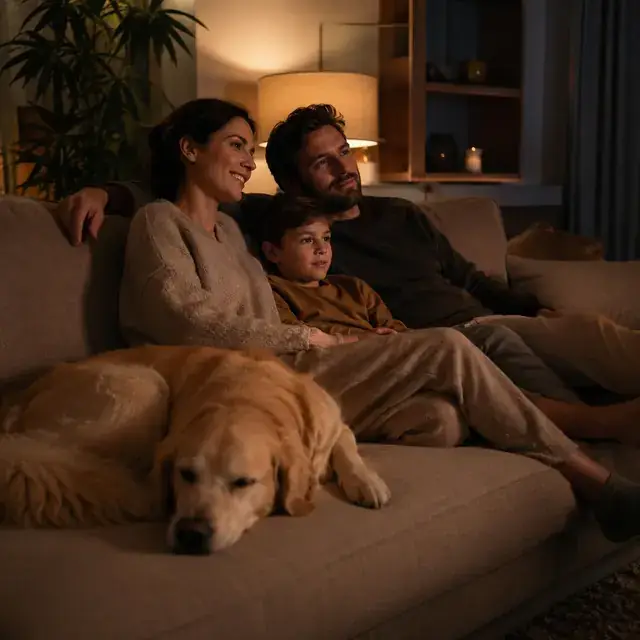 Family on the sofa in the evening with their dog lying beside them