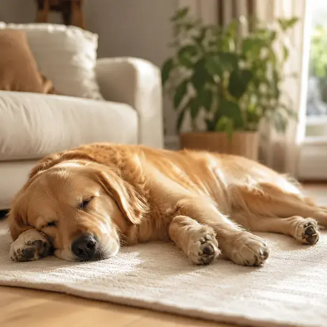 Dog sleeping stretched out and relaxed on a rug at home