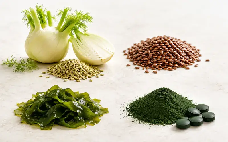 Fennel, flax seed, kelp and chlorella laid out separately